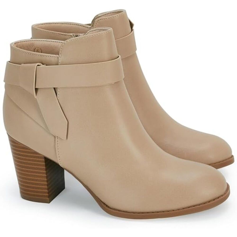 Women's Coffee Closed Toe Stacked Heel Tie Knot Side ZIP Chelsea Pump Ankle Boot